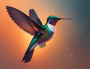 fliegender Kolibri mit rotem Hals und weißer Brust - obrazy, fototapety, plakaty