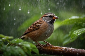 Sparrow Serenity in Rainforest Symphony, A Captivating Portrait Photography of a Rain-Adorned Sparrow