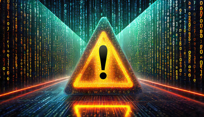 Attention symbol made with binary code. Danger Sign. Virus Alert. Digital binary data and streaming digital code background. Computer Hacked Error Concept
