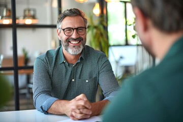 Happy middle aged mature business man hr manager, lawyer and client shake hands at office meeting interview making successful partnership agreement, financial bank deal with handshake, Generative AI