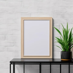 Blank white wall art mockup. One vertical frame with wooden border