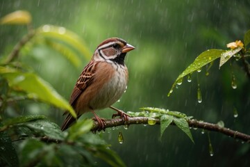 Sparrow Serenity in Rainforest Symphony, A Captivating Portrait Photography of a Rain-Adorned Sparrow