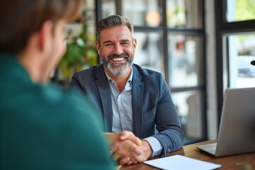 Happy middle aged mature business man hr manager, lawyer and client shake hands at office meeting interview making successful partnership agreement, financial bank deal with handshake, Generative AI - obrazy, fototapety, plakaty