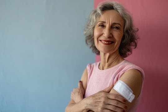 Smiling healthy mature older senior happy woman showing bandage on arm after getting vaccination. Vaccine and old elder people inoculation, elderly immunity for covid prevention concept, Generative AI