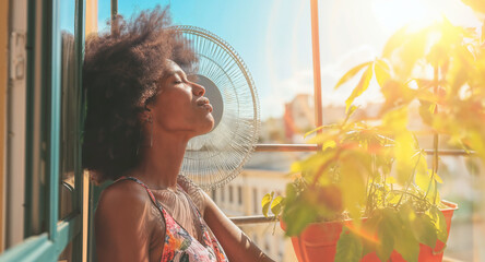 During a summer heat wave, a black woman seeks solace on her home balcony, aided by an electric fan. Woman combats the summer temperatures, addressing the challenges posed by global warming