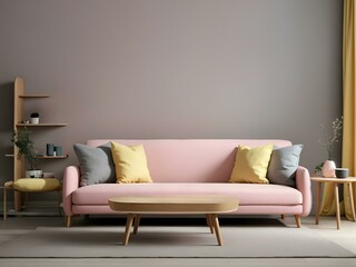 living room interior with pink sofa and wooden table