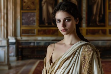 Studio portrait of a female Roman Emperor in a ceremonial toga, with an air of sophistication, against a backdrop of the Roman Senate chamber.