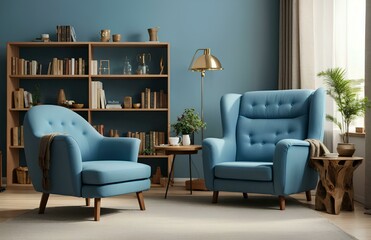 interior of living room with blue armchairs and bookshelf
