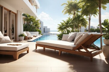 Fototapeta premium sun loungers overlooking the swimming pool at a luxury resort
