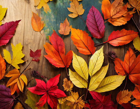 autumn fall leaves background cinematic image; colorful, autumnal, old, paper