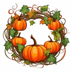 Circular frame with leaves and pumpkins on a light background.