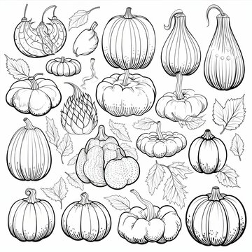 Black and White coloring book silhouettes of vegetables, fruits leaves. Pumpkin as a dish of thanksgiving for the harvest, picture on a white isolated background.