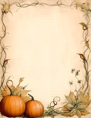 Naklejka na ściany i meble Paper frame with leaves and pumpkins on a light background.