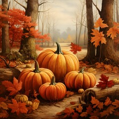 Illustration of an autumn forest in the middle of it pumpkins and leaves. Pumpkin as a dish of thanksgiving for the harvest.