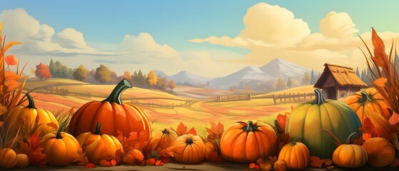 Fairy tale illustration; pumpkins flowers fields with mountains in background. Banner. Pumpkin as a...