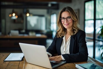 Smiling mature mid aged professional business woman manager executive or lawyer attorney looking at camera at workplace working on laptop computer technology in office sitting at desk, Generative AI