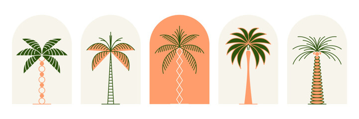 Palm tree thin line icon abstract design summer logo template modern minimal linear emblem for vacations rentals and travel services. Vector illustration - obrazy, fototapety, plakaty