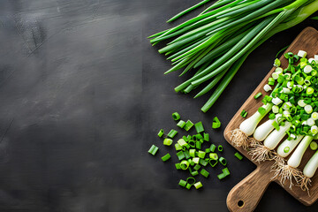 top view Board with slices of fresh green onion on black background