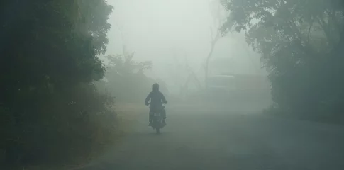Foto op Plexiglas an indian man riding a bike at early morning on foggy road © FireFXStudio