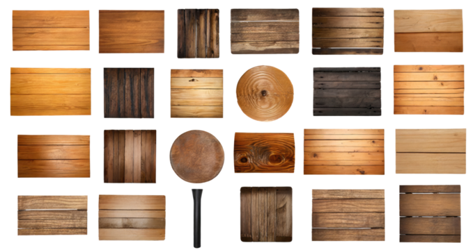 set of wooden banner, board, Signboards and wood plank. Different textured billboard banners. copy-space for text . PNG, cutout, or clipping path.	