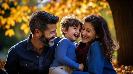 Fototapeta premium the joyful parents embracing their giggling daughter in soft. Generative AI