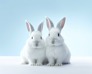 Two White Rabbits Sitting Together Outdoors