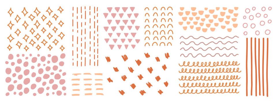 Various sketchy doodle textures with shapes, lines, and objects. Freehand colorful lines, curves, dots, spiral. Hand drawn abstract background set. Grunge vector textures peach fuzz colors