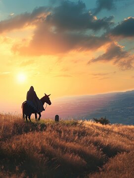 Palm Sunday concept: Silhouette Jesus Christ riding donkey with tomb stone on meadow sunset background, poster, realistic, HD, copy space - generative ai