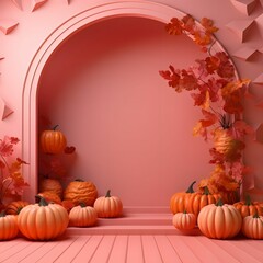 Elegant scenery with pumpkins and autumn leaves. Pink color. Pumpkin as a dish of thanksgiving for the harvest.