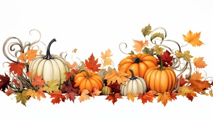 Naklejka na ściany i meble Pumpkins and autumn leaves and vines, banner with space for your own content. White background color.
