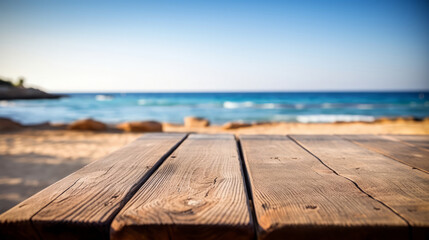 Fototapeta premium close-up of an empty wooden table and blurred ocean background, mockup background for product display
