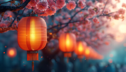 Fototapeta premium Paper lanterns hanging on trees with pink flower buds. Flower Festival in Japan.