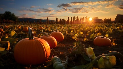 A pumpkin field at sunset or sunrise. Pumpkin as a dish of thanksgiving for the harvest.