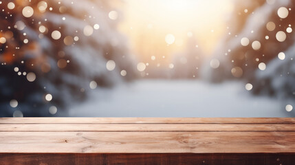 close-up of an empty wooden table and blurred snowy winter outdoor background, mockup background for product display
