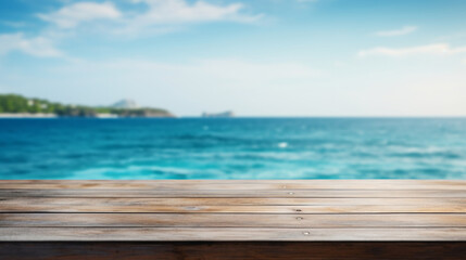 close-up of an empty wooden table and blurred ocean background, mockup background for product display