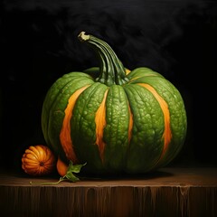 Green pumpkin on a wooden table top, black background. Pumpkin as a dish of thanksgiving for the harvest.