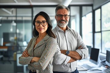 Happy confident professional mature Latin business man and Asian business woman corporate leaders managers standing in office, two diverse colleagues executives team posing arms crossed, Generative AI
