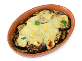 Baked Eggplant with Creamy Bechamel Sauce on White Background