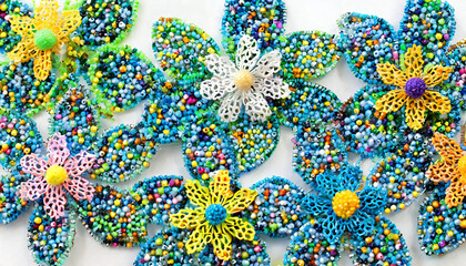 Beaded Pipe Cleaner flowers and dragonflies. Easy spring kids crafts. Different multi-colored supplies and materials for DIY art activity for kids. Children's crafts, creativity and hobby.