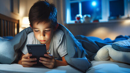 Fototapeta premium a child looking smartphone on the bed at night