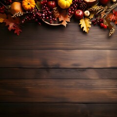 Colorful rowan, pumpkins and autumn leaves at the top. Top view,, banner with space for your own content. Wooden colors.