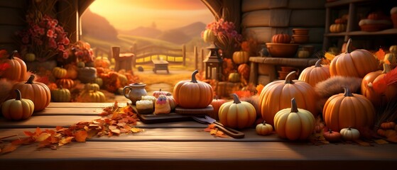 Illustration of pumpkins, leaves field and mountains in the background, banner with space for your own content.