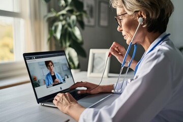 Female doctor therapist consulting older senior patient via virtual video call visit using laptop computer. Digital online healthcare, distance telemedicine. Telehealth videocall. Generative AI
