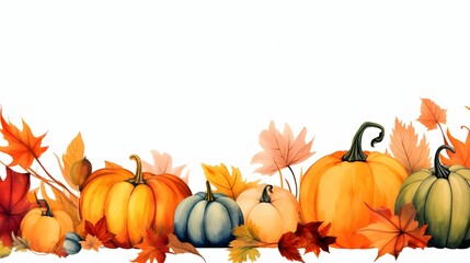 Pumpkins and autumn leaves and vines, banner with space for your own content. White background color.