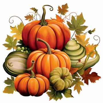 Illustration of pumpkins and autumn leaves. Pumpkin as a dish of thanksgiving for the harvest, picture on a white isolated background.