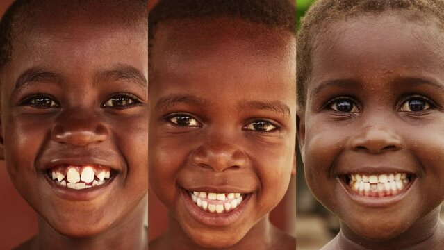 Split Screen Collage: Vertical Close Up Portraits Of Three African Children, Laughing and Smiling to the Camera, Little Faces Full Of Joy and Life. Camera Captures Beauty Of Childhood