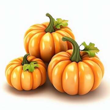 Illustration of three orange 3D pumpkins. Pumpkin as a dish of thanksgiving for the harvest, picture on a white isolated background.