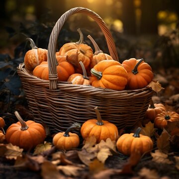 A wicker basket with small pumpkins, around dry autumn leaves, in the background the Smashed Forest. Pumpkin as a dish of thanksgiving for the harvest.