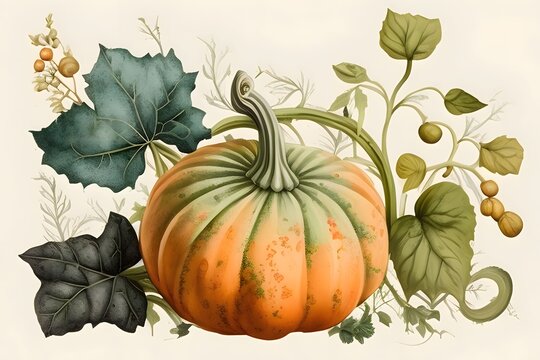 Pumpkins and leaves. Pumpkin as a dish of thanksgiving for the harvest, picture on a white isolated background.