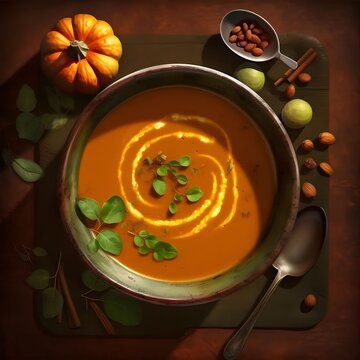 Top view of pumpkin soup, around the spices of the spoon leaves. Pumpkin as a dish of thanksgiving for the harvest.